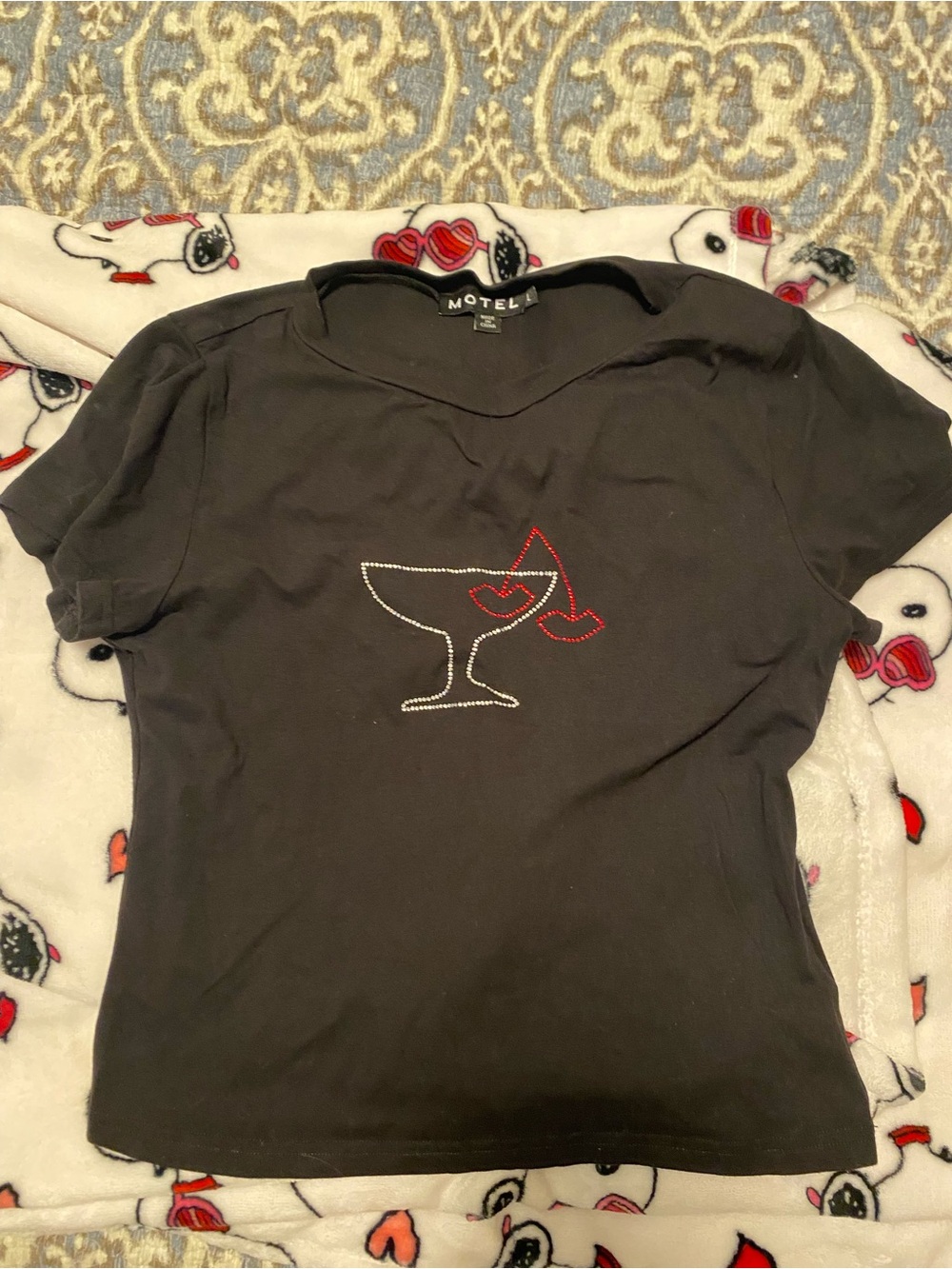 Motel Rocks Black Short Sleeve Tee with Red & Silver Cocktail Rhinestone Motif